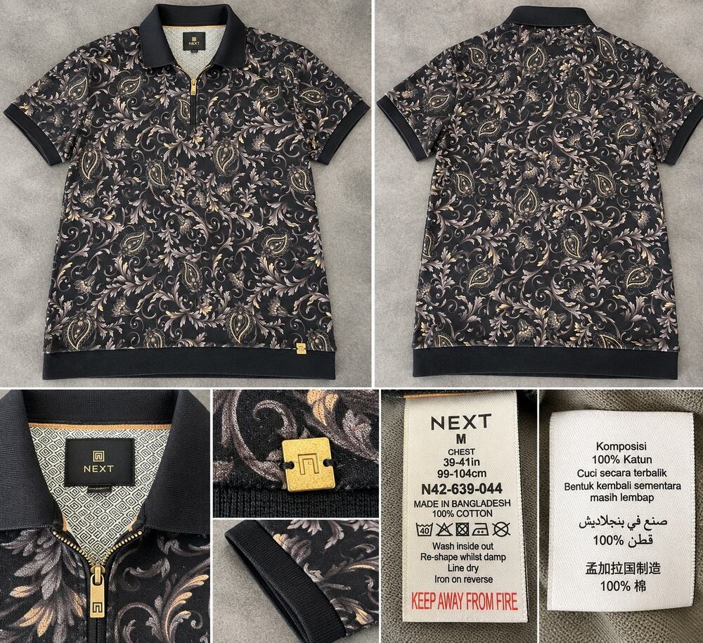 NEXT Mens M Black Paisley Floral Zip Polo Shirt Gold Tone Detail 100% Cotton